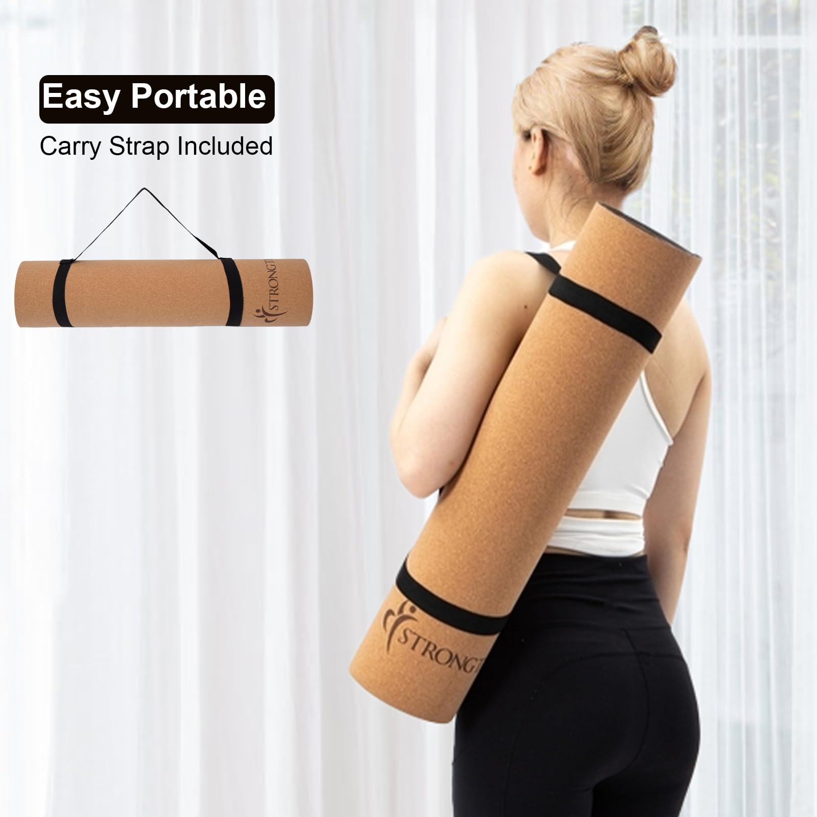 StrongTek 7mm Cork Yoga Mat with Non-Slip TPE Base