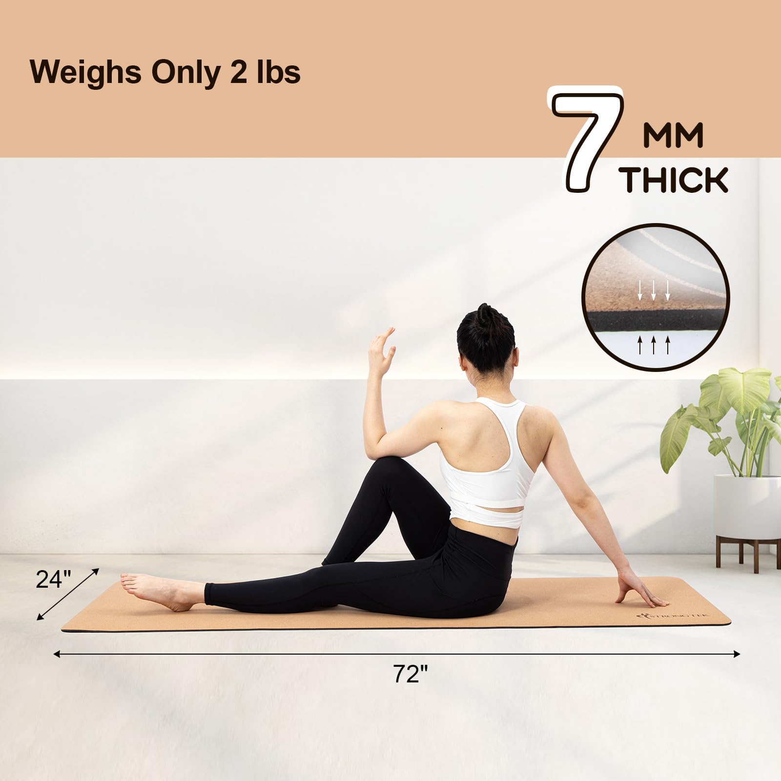 StrongTek 7mm Cork Yoga Mat with Non-Slip TPE Base