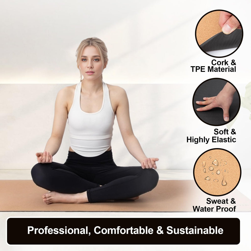 StrongTek 7mm Cork Yoga Mat with Non-Slip TPE Base