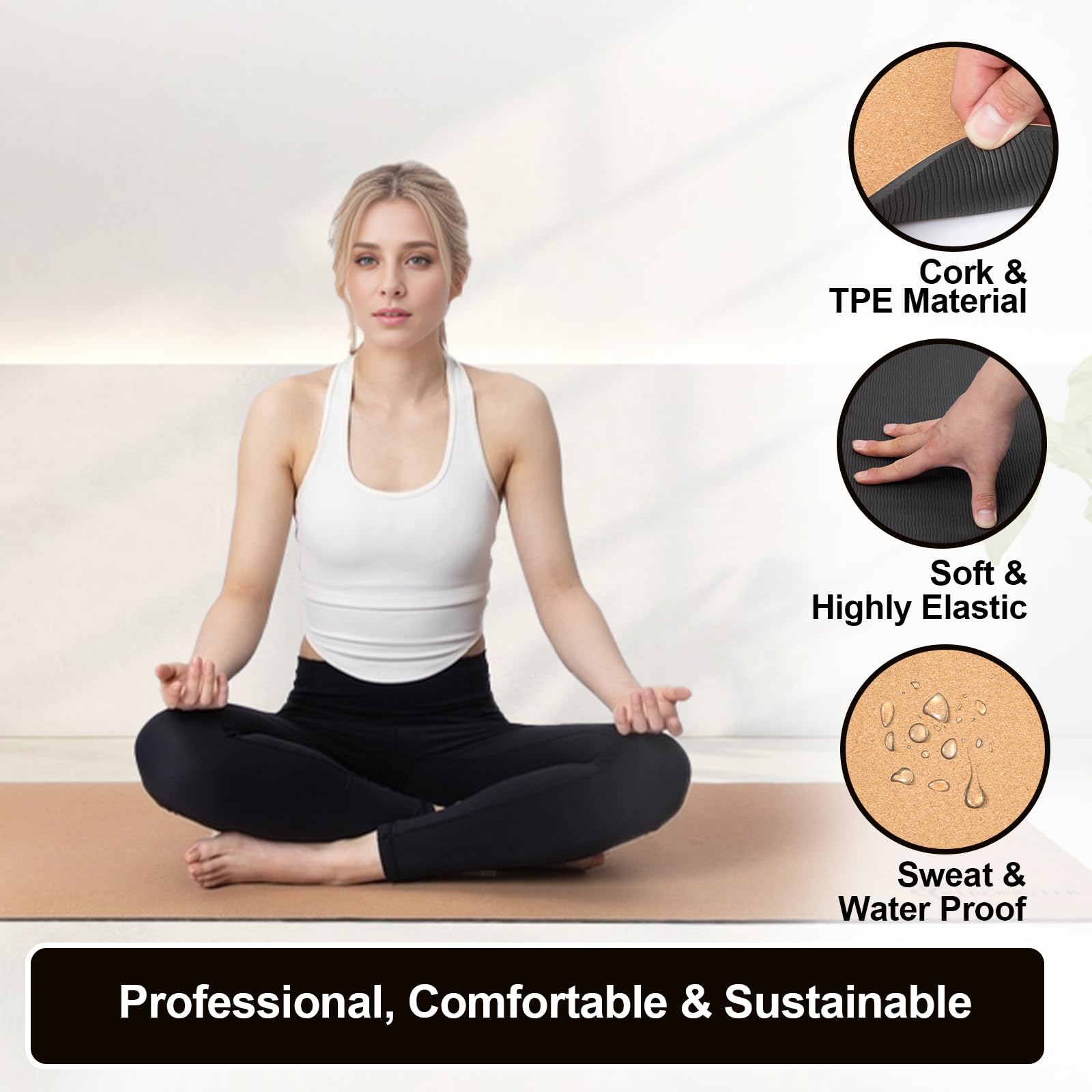StrongTek 7mm Cork Yoga Mat with Non-Slip TPE Base