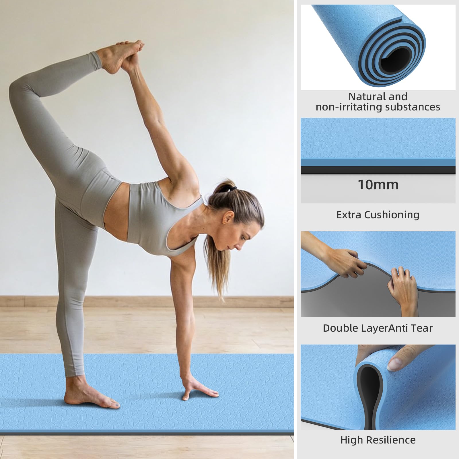 WUWAN 10mm Extra-Long Non-Slip TPE Yoga Mat with Strap