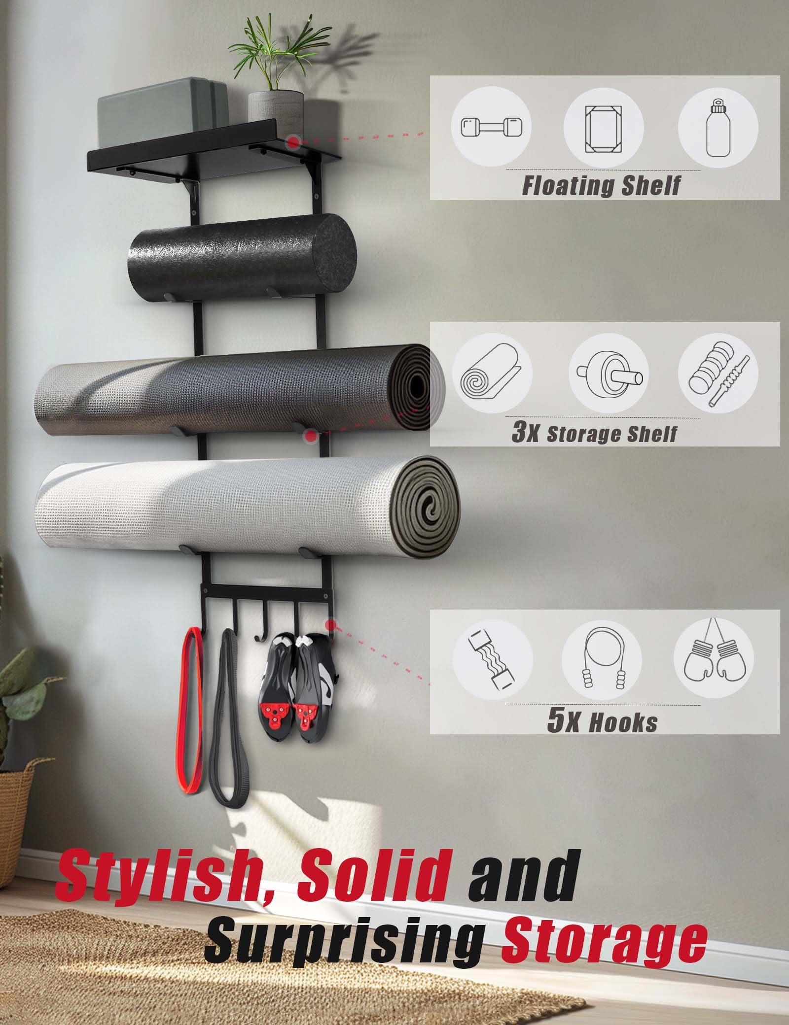 Wall-Mounted Yoga Mat and Fitness Gear Storage Rack