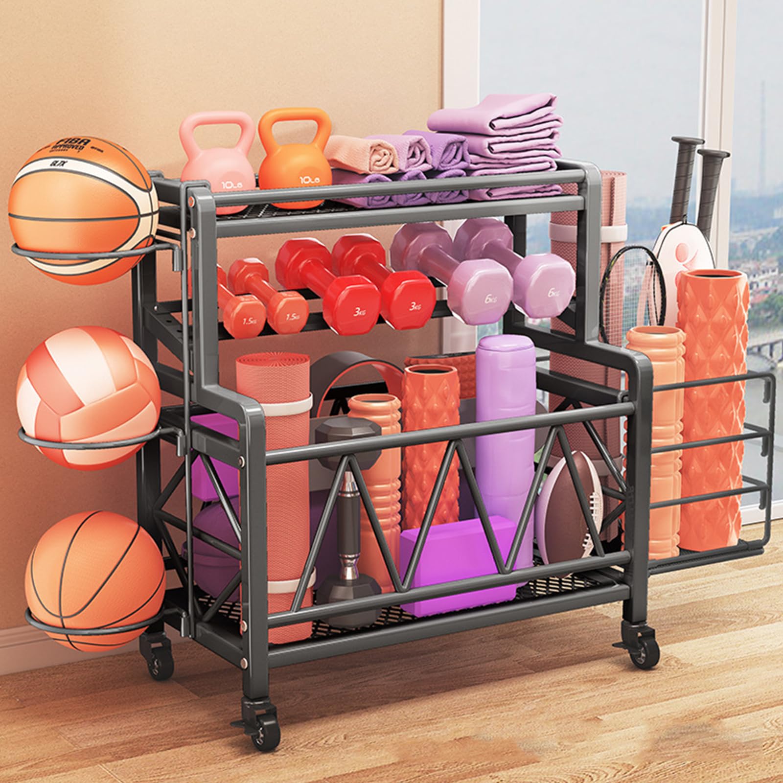 Rolling Yoga Mat and Fitness Equipment Storage Rack