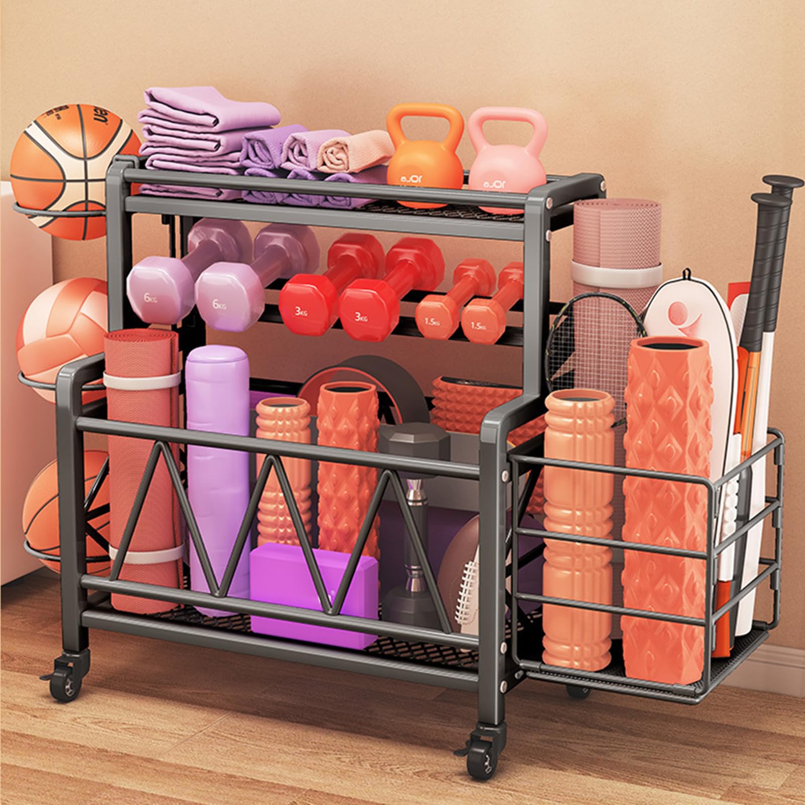 Rolling Yoga Mat and Fitness Equipment Storage Rack
