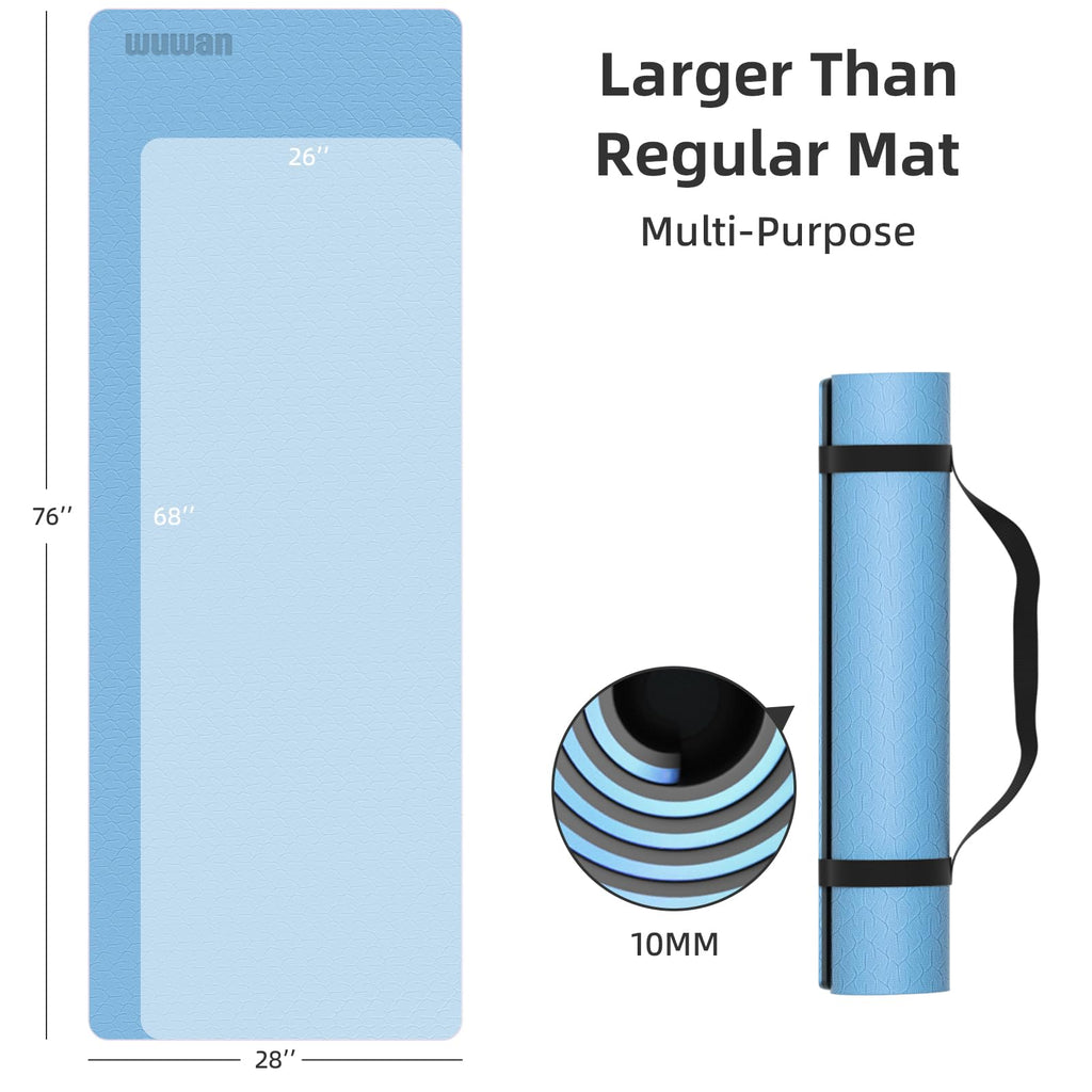 WUWAN 10mm Extra-Long Non-Slip TPE Yoga Mat with Strap