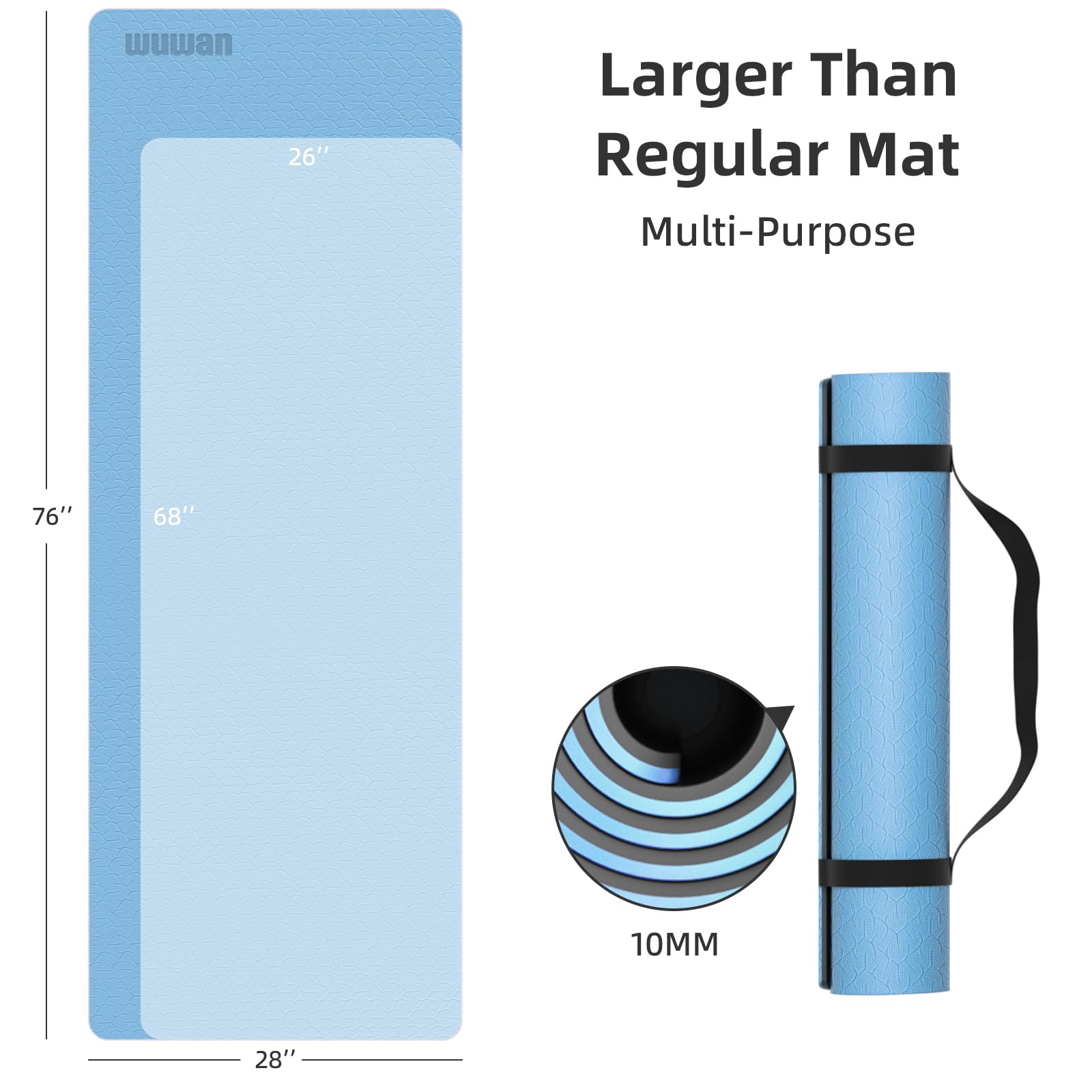 WUWAN 10mm Extra-Long Non-Slip TPE Yoga Mat with Strap