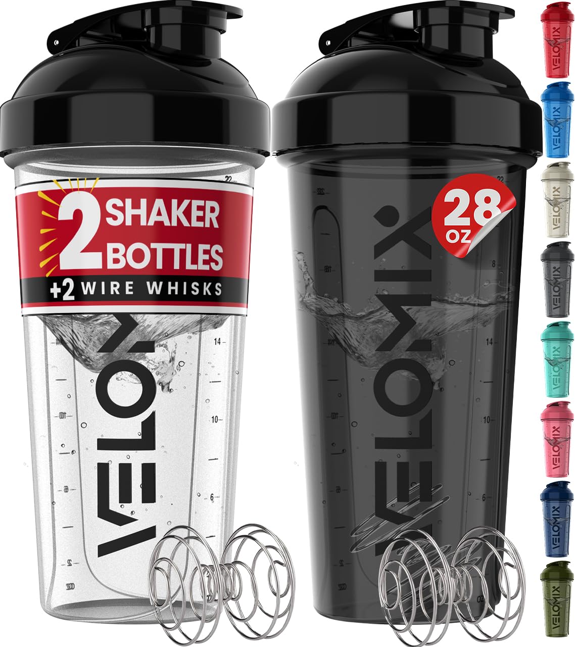 VELOMIX 2-Pack 28 oz Leak-Proof Protein Shaker Bottles