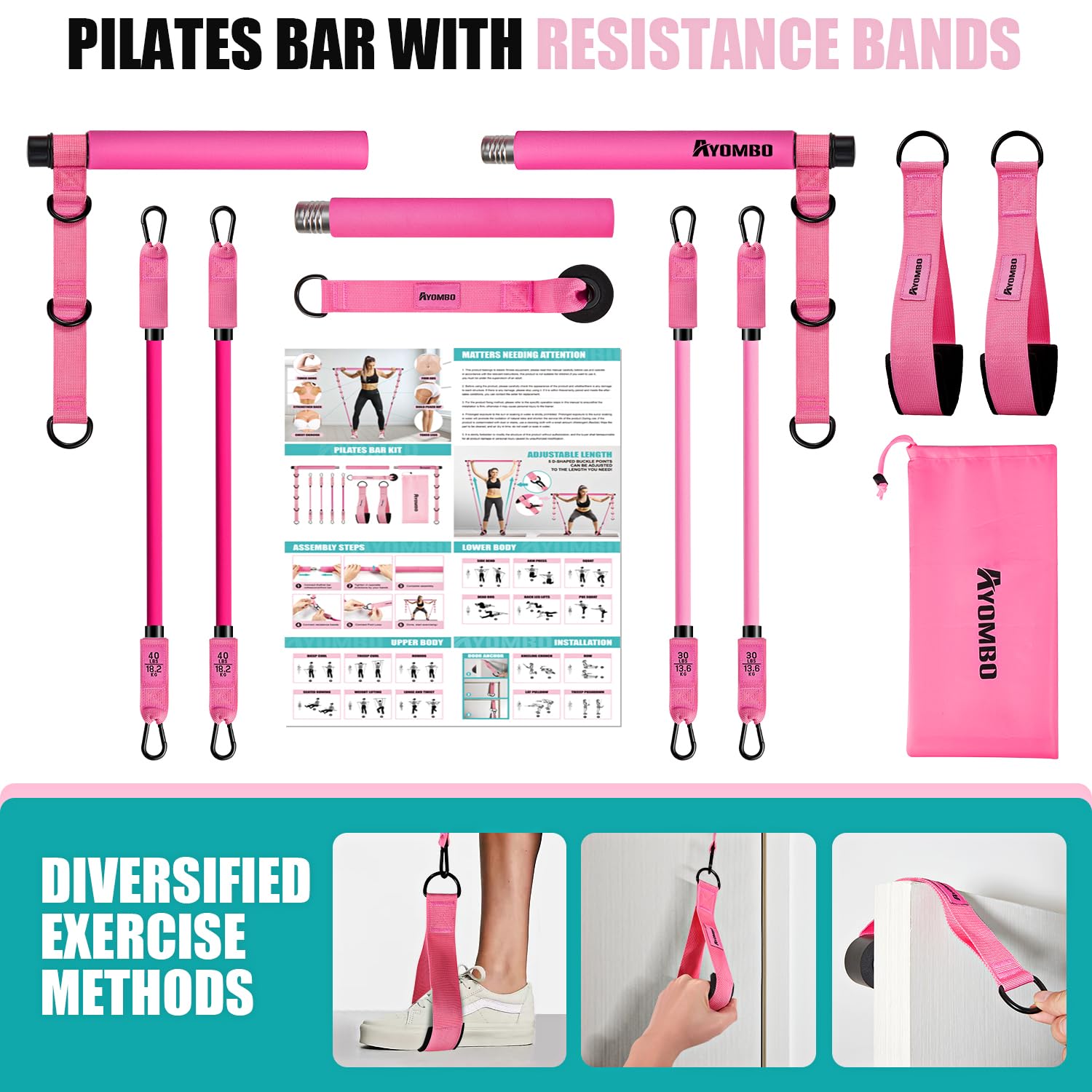 Ayombo Adjustable Pilates Bar Kit with Resistance Bands