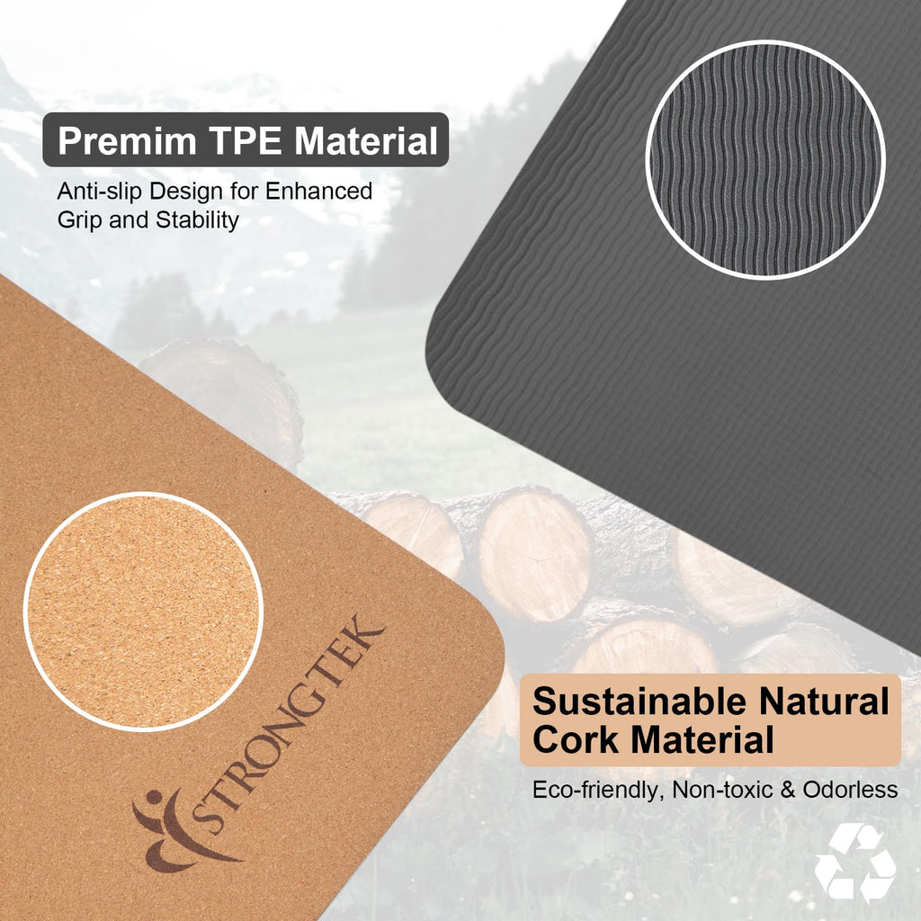 StrongTek 7mm Cork Yoga Mat with Non-Slip TPE Base