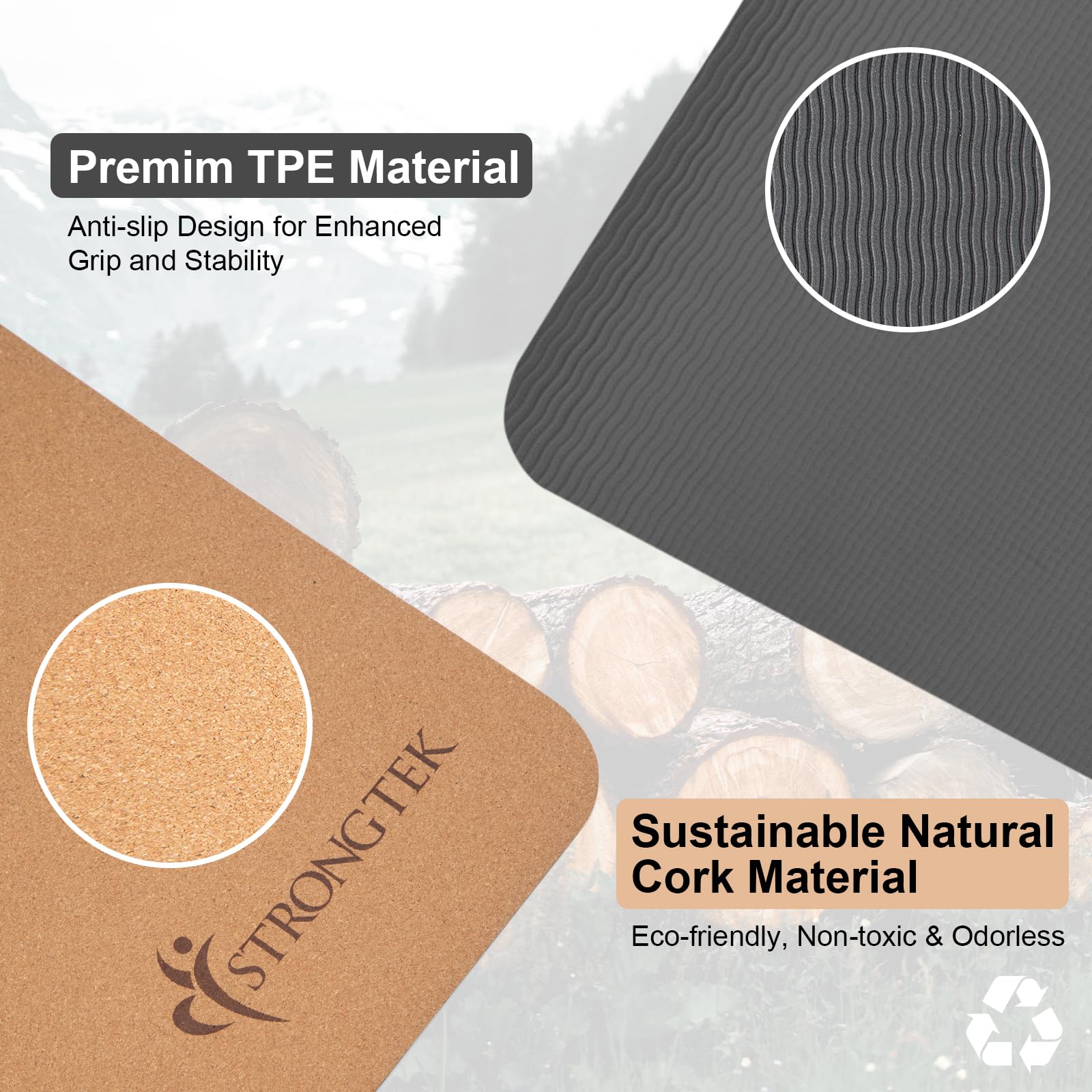 StrongTek 7mm Cork Yoga Mat with Non-Slip TPE Base
