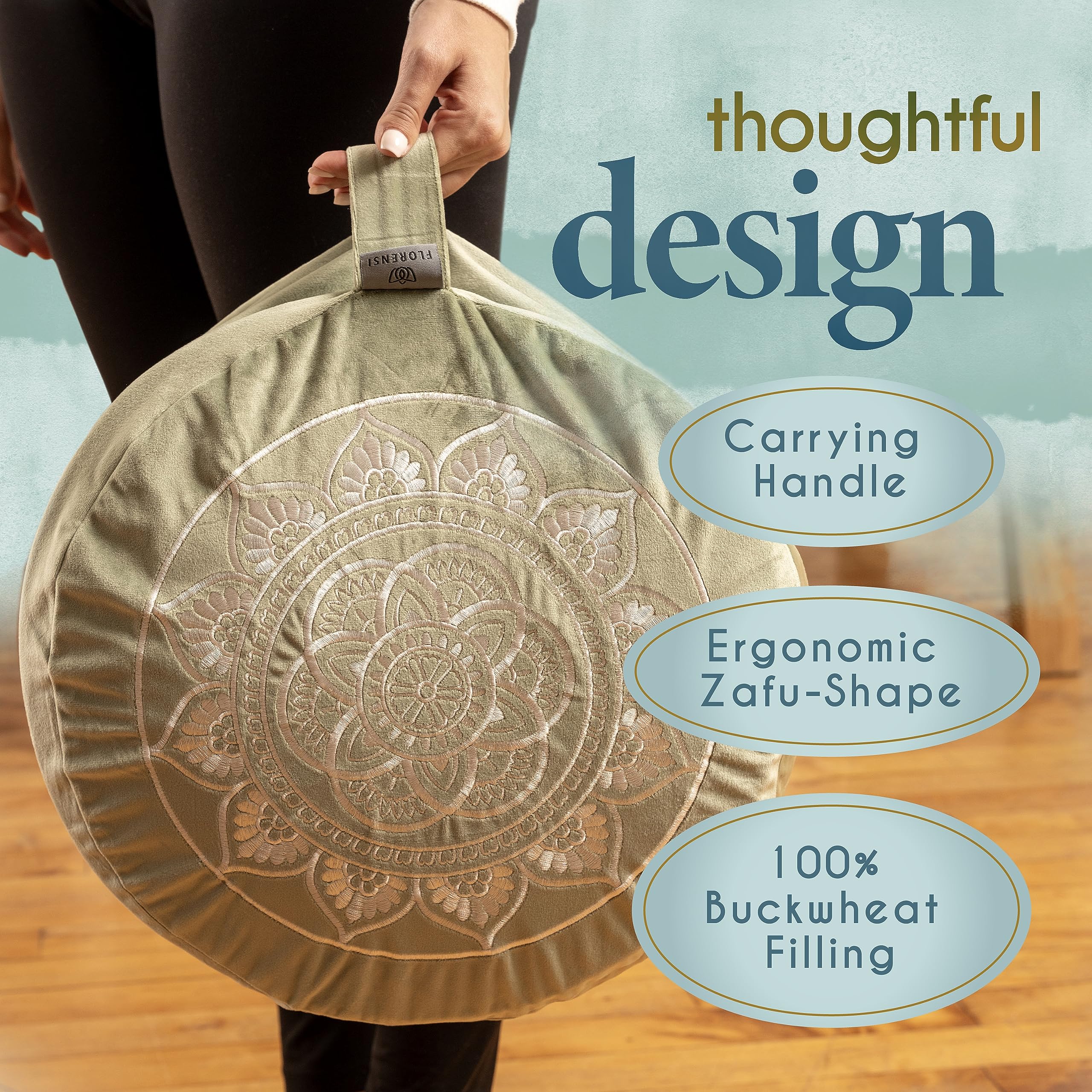 Florensi Large Velvet Meditation Cushion with Buckwheat Fill